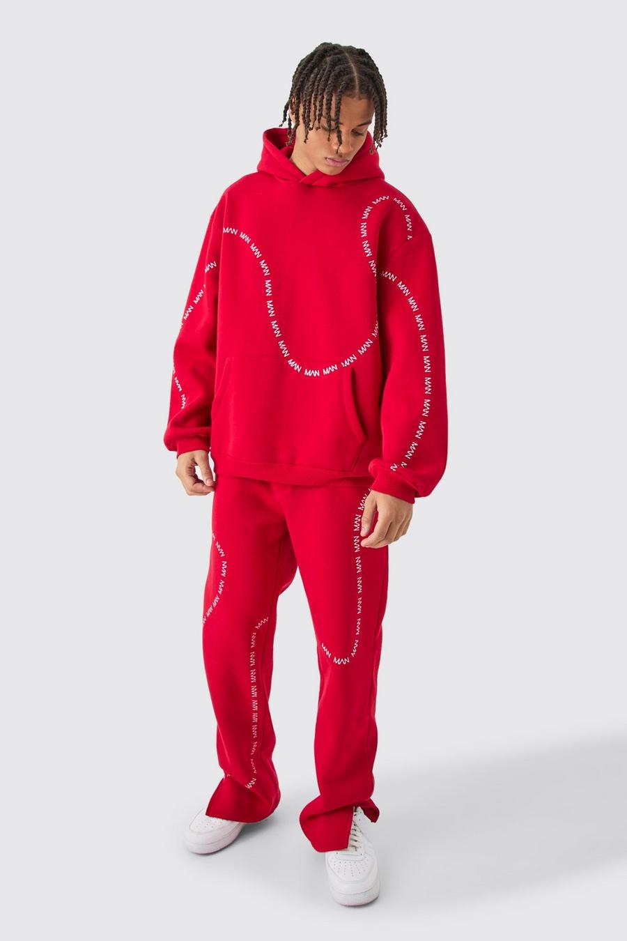 Oversize Trainingsanzug mit Man-Dash Print und geteiltem Saum, Red