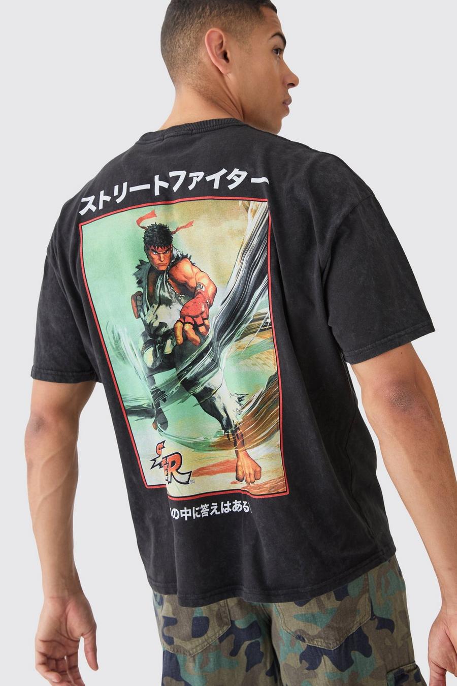 Camiseta oversize con estampado de anime de Street Fighter, Black image number 1