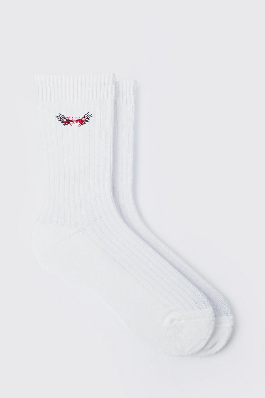 Sport-Socken mit Racing-Stickerei, White