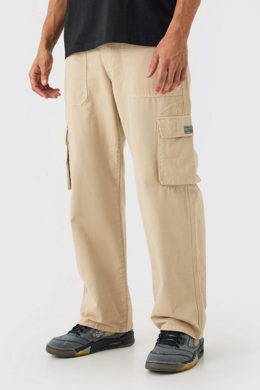 Pantalón cargo con cintura fija, cremallera y etiqueta de tela, Stone