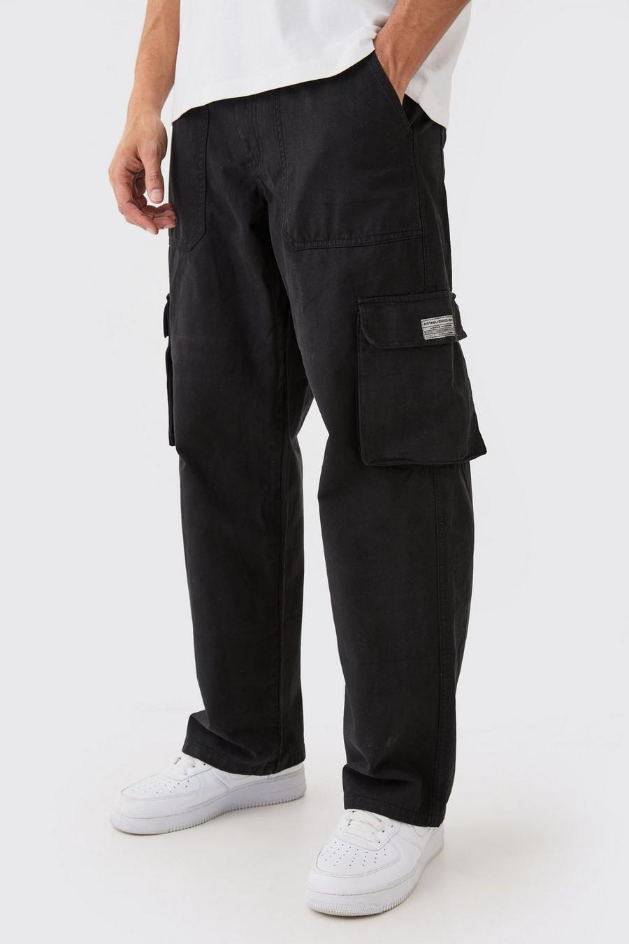 Fixed Waist Cargo Zip Trouser With Woven Tab, Black