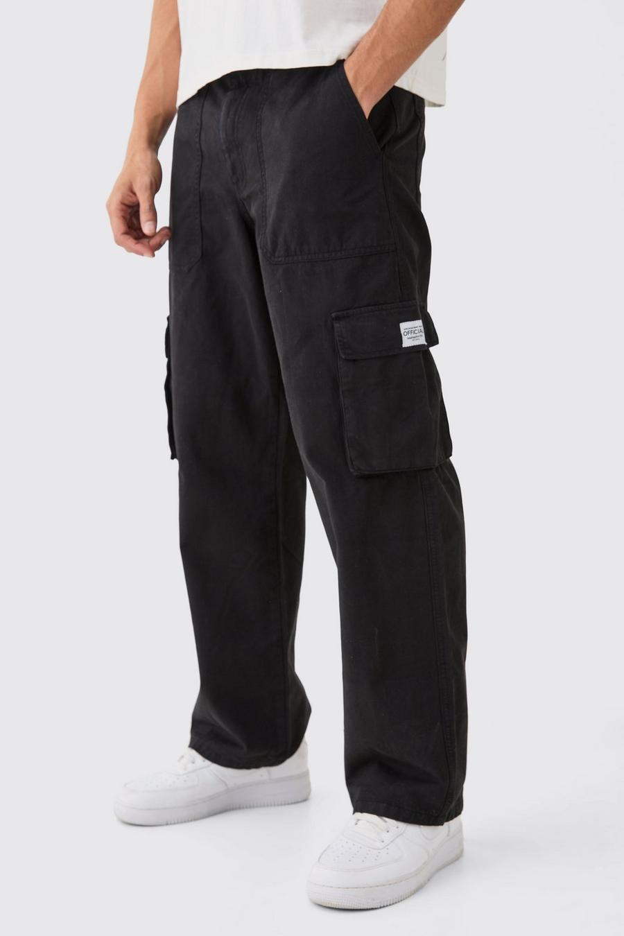 Black Fixed Waist Slim Fit Cargo Zip Relaxed Fit Trouser With Woven Tab