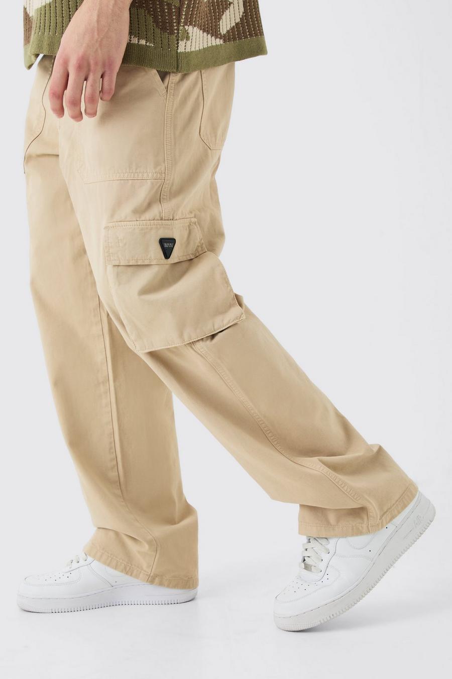 Pantaloni Cargo a vita fissa con zip ed etichetta in gomma, Stone