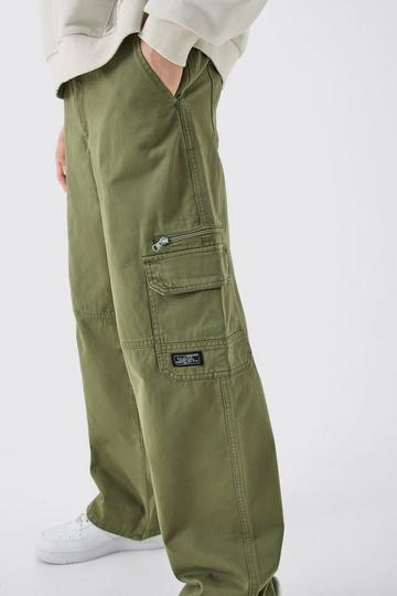 Khaki Fixed Waist Relaxed Cargo Pants With Woven Tab