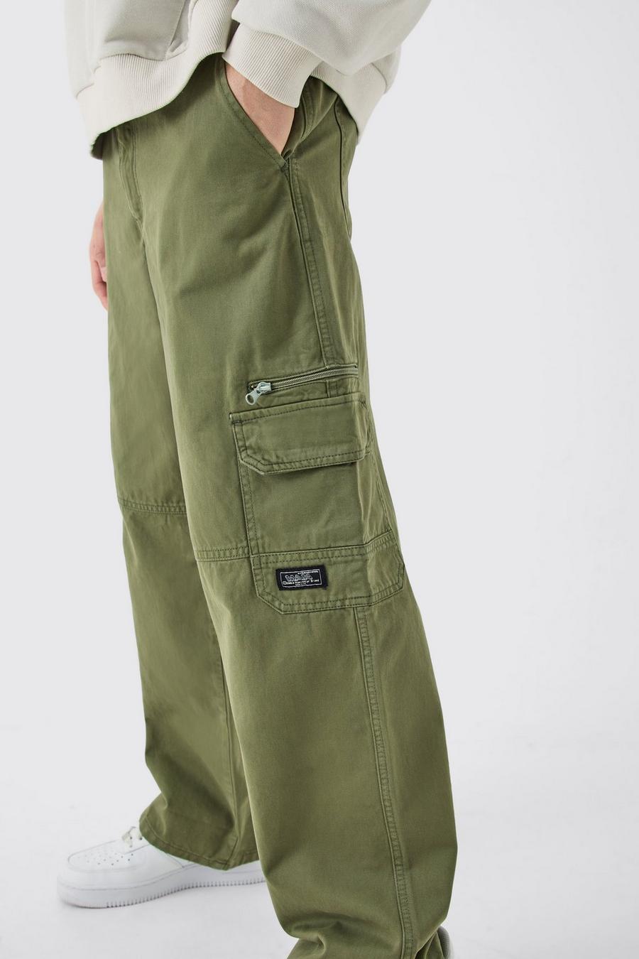 Khaki Fixed Waist Relaxed Cargo Trousers With Woven Tab