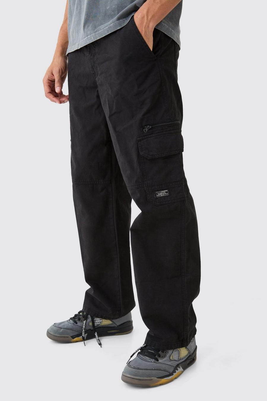 Pantalón cargo con cintura fija, cremallera y etiqueta de tela, Black
