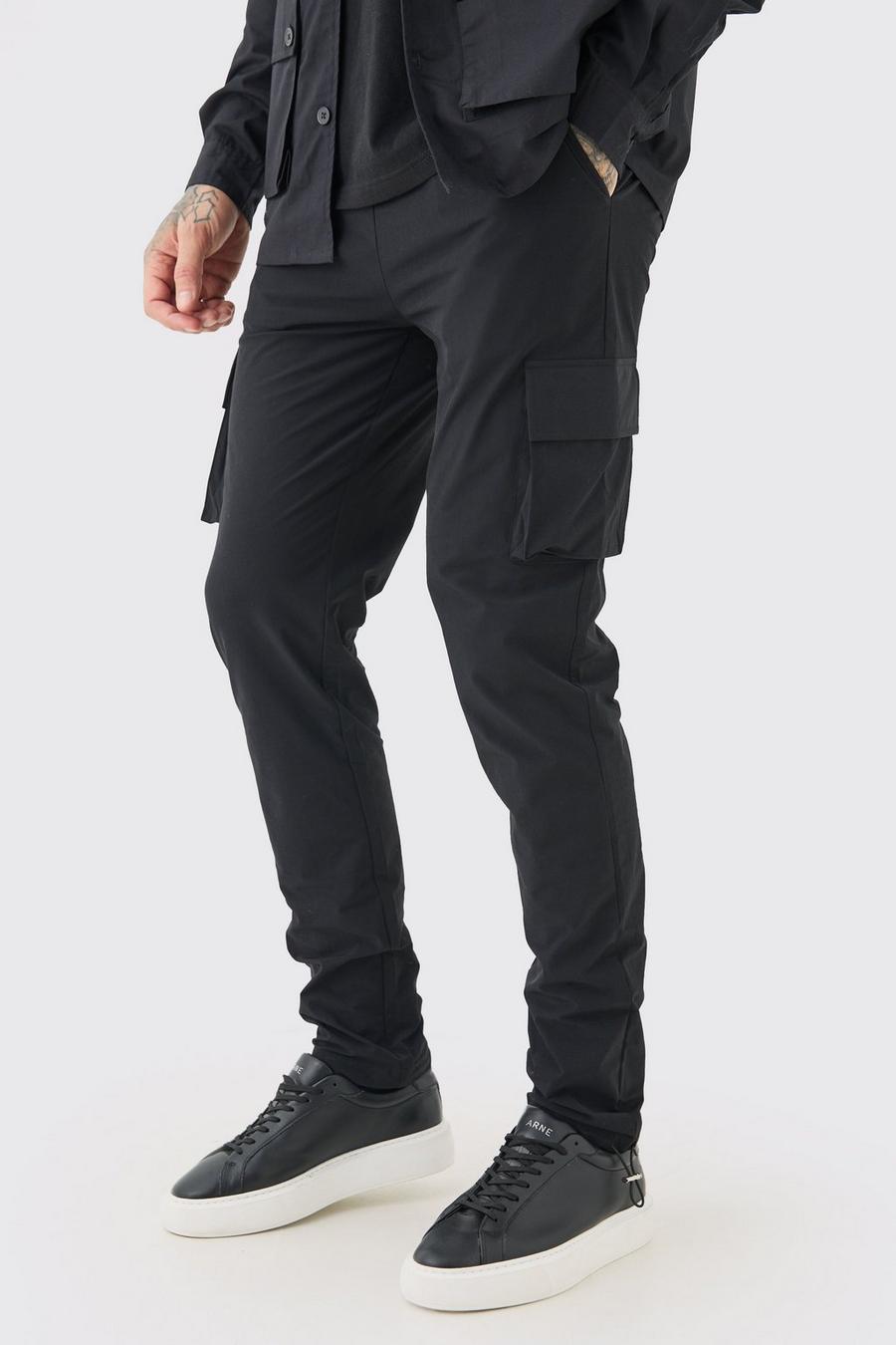 Black Tall Elasticated Waist Lightweight Stretch Skinny Cargo Trouser image number 1