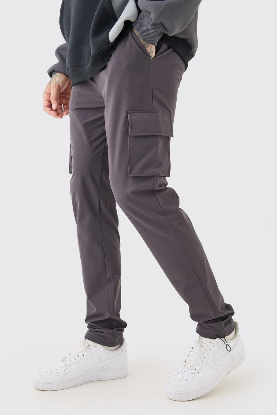 Charcoal Tall Elasticated Waist Lightweight Stretch Skinny Cargo Trouser image number 1