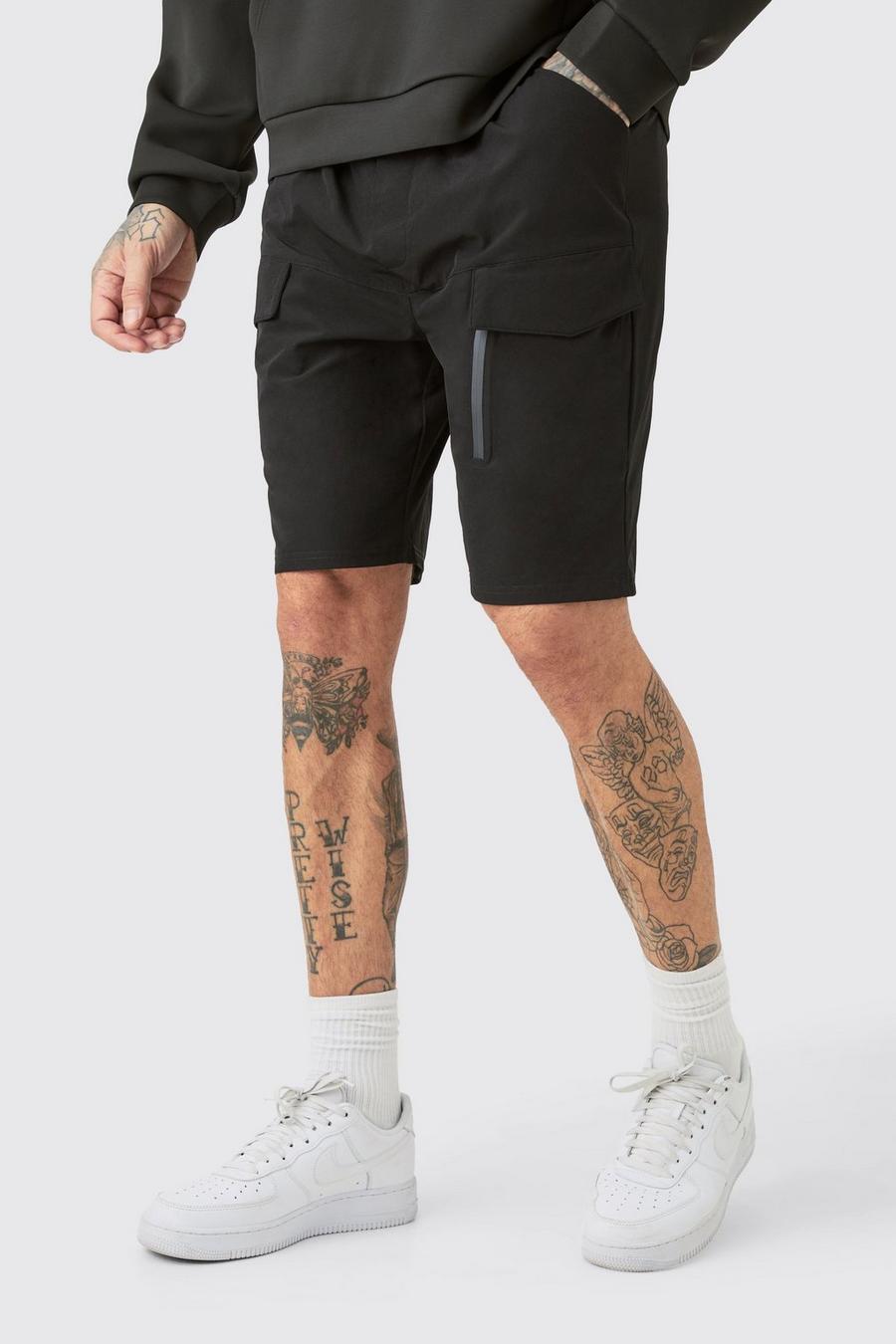 Tall lockere elastische Stretch Cargo-Shorts mit Reißverschluss, Black image number 1