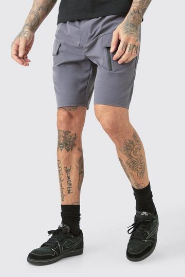 Tall Elasticated Waist Relaxed Lightweight Stretch Cargo Zip Short charcoal