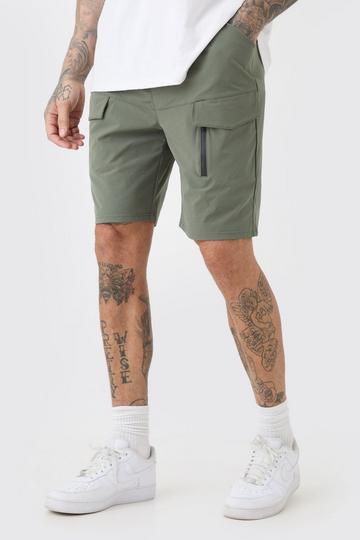 Khaki Tall Elasticated Waist Relaxed Lightweight Stretch Cargo Zip Short