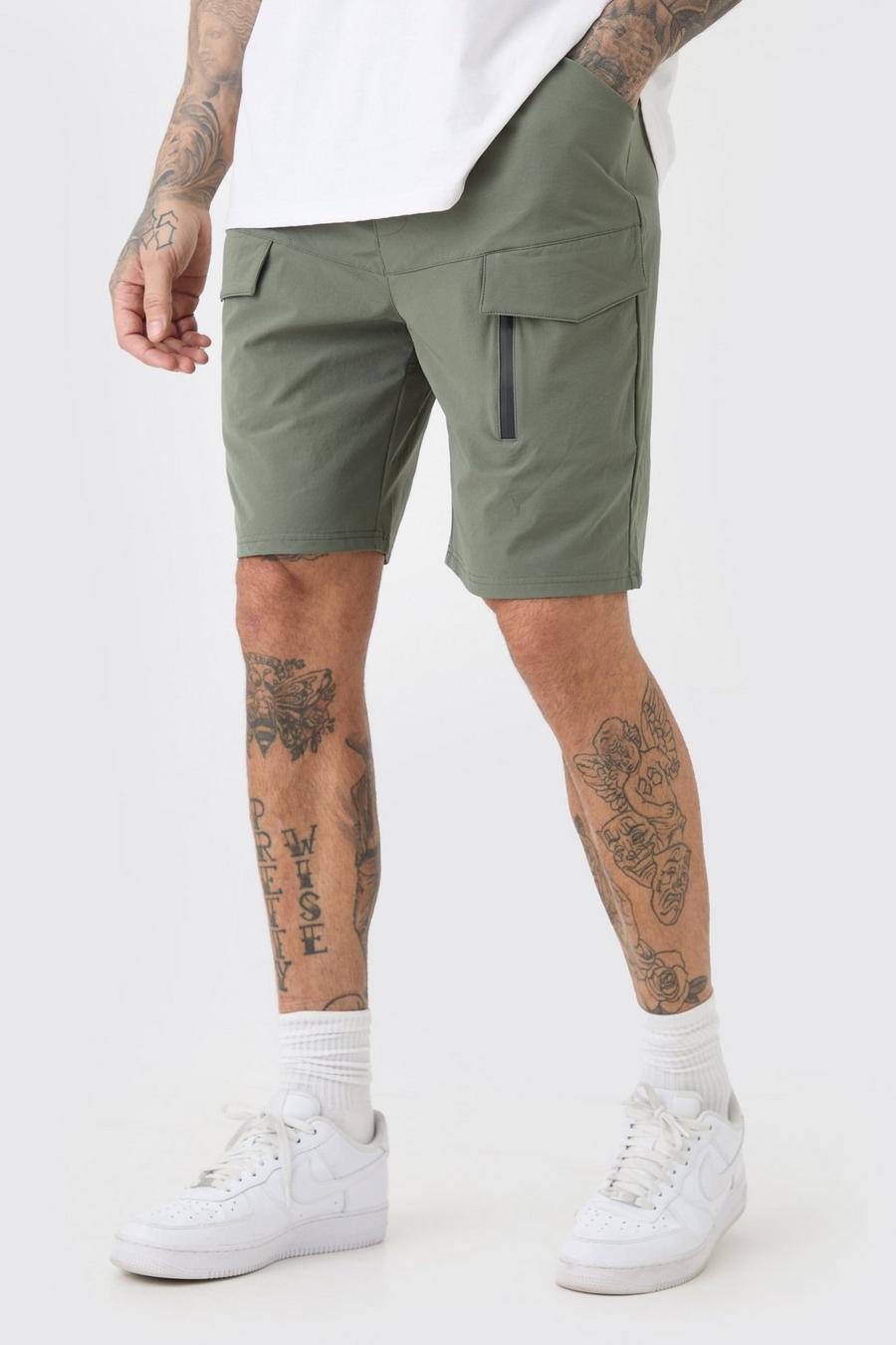 Tall lockere elastische Stretch Cargo-Shorts mit Reißverschluss, Khaki image number 1