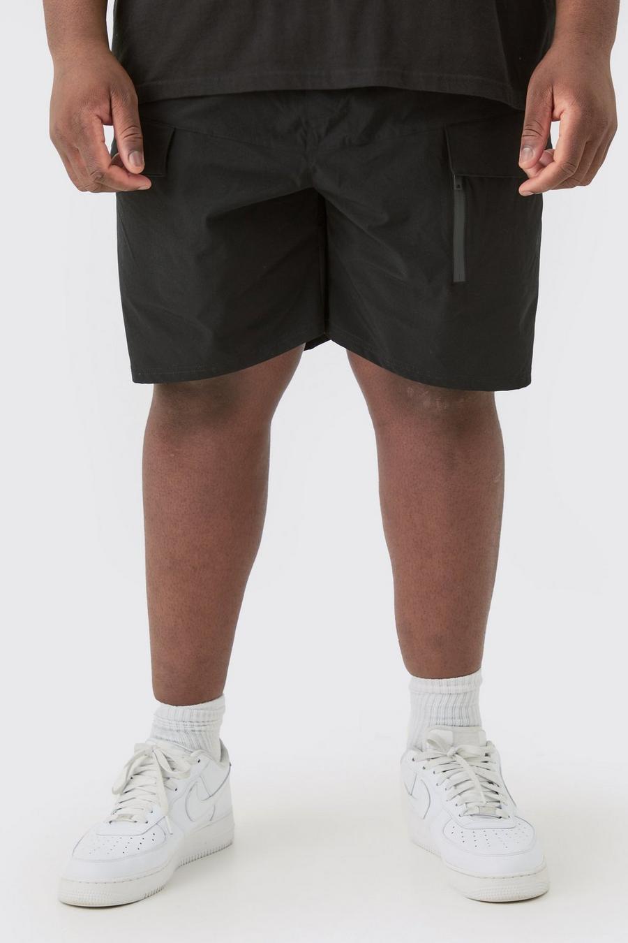 Plus lockere elastische Stretch Cargo-Shorts mit Reißverschluss, Black image number 1