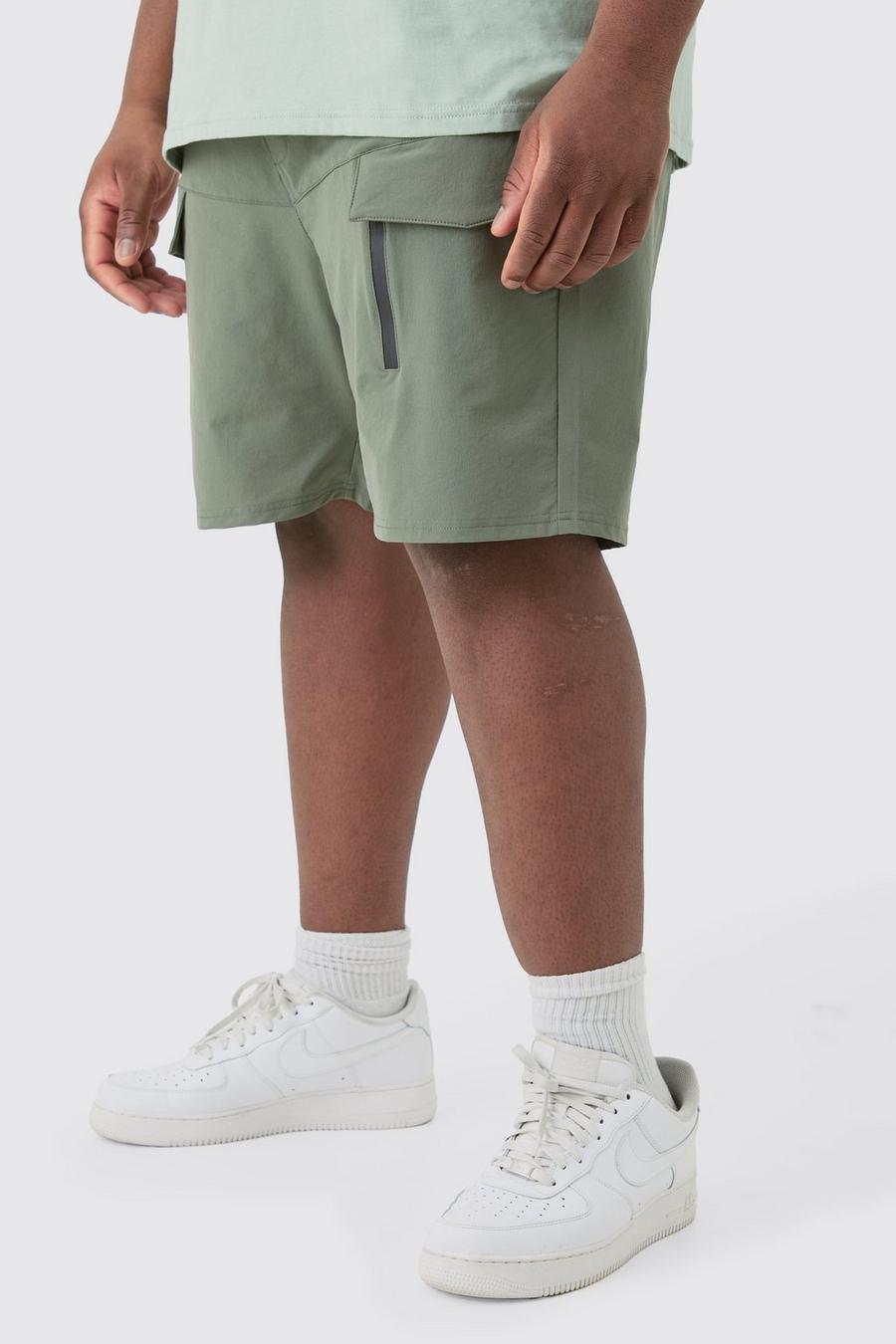 Plus lockere elastische Stretch Cargo-Shorts mit Reißverschluss, Khaki image number 1