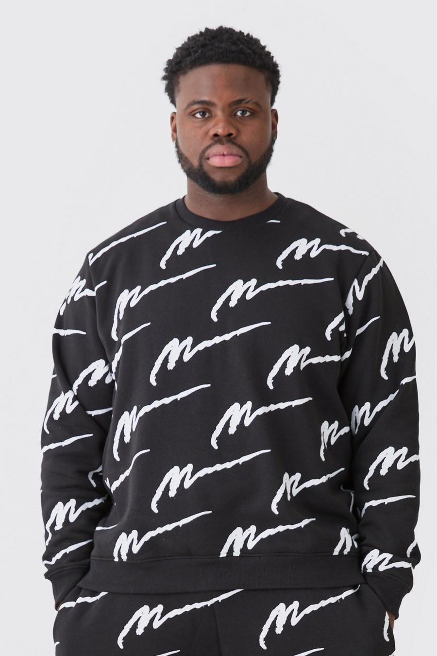 Plus Oversize Sweatshirt mit Man Signature Print, Black