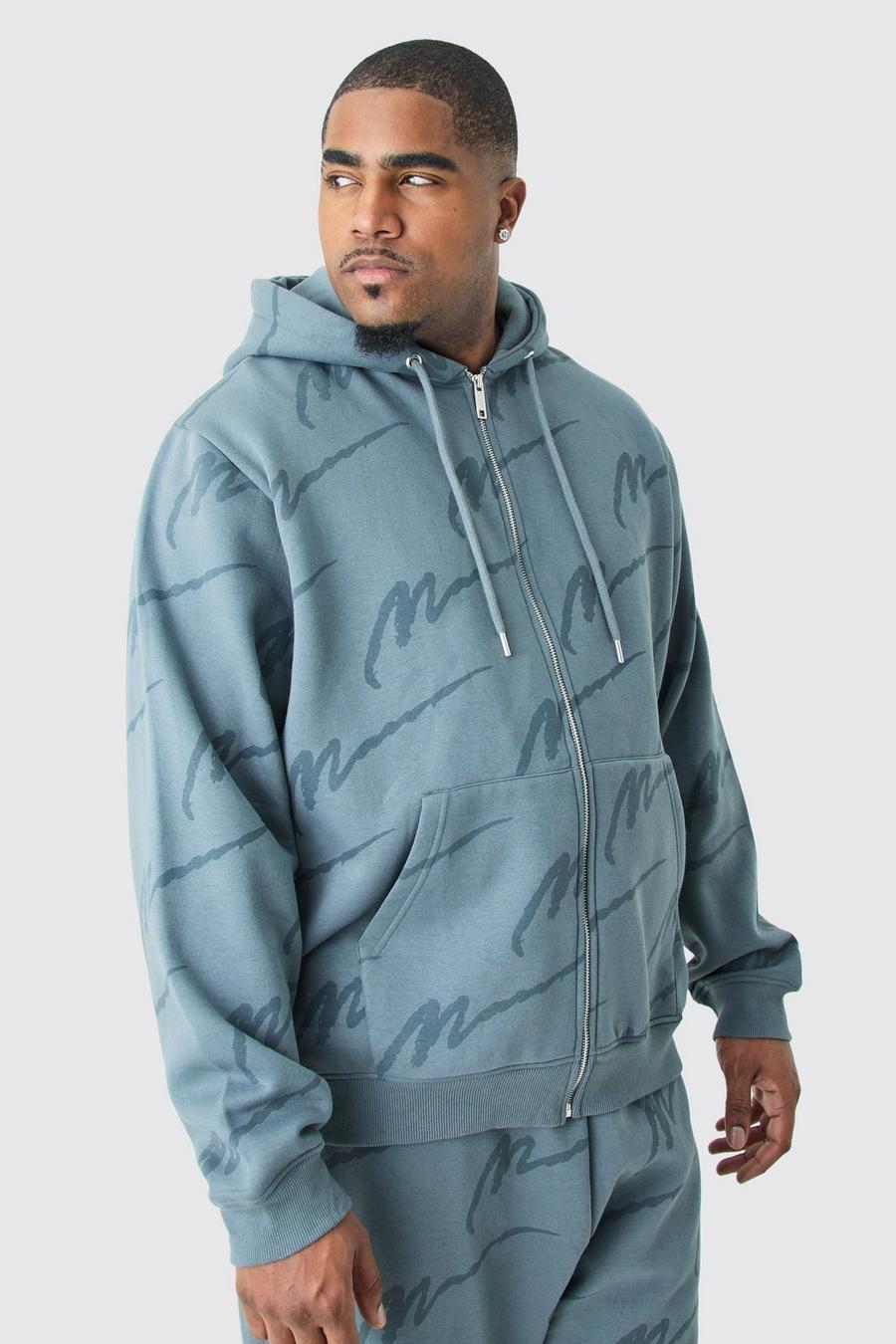 Slate blue Plus Man Signature All Over Print Zip Through Hoodie image number 1