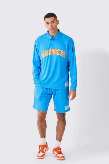 Oversized Mesh Los Angeles Rugby Polo En Mesh Shorts Set blue