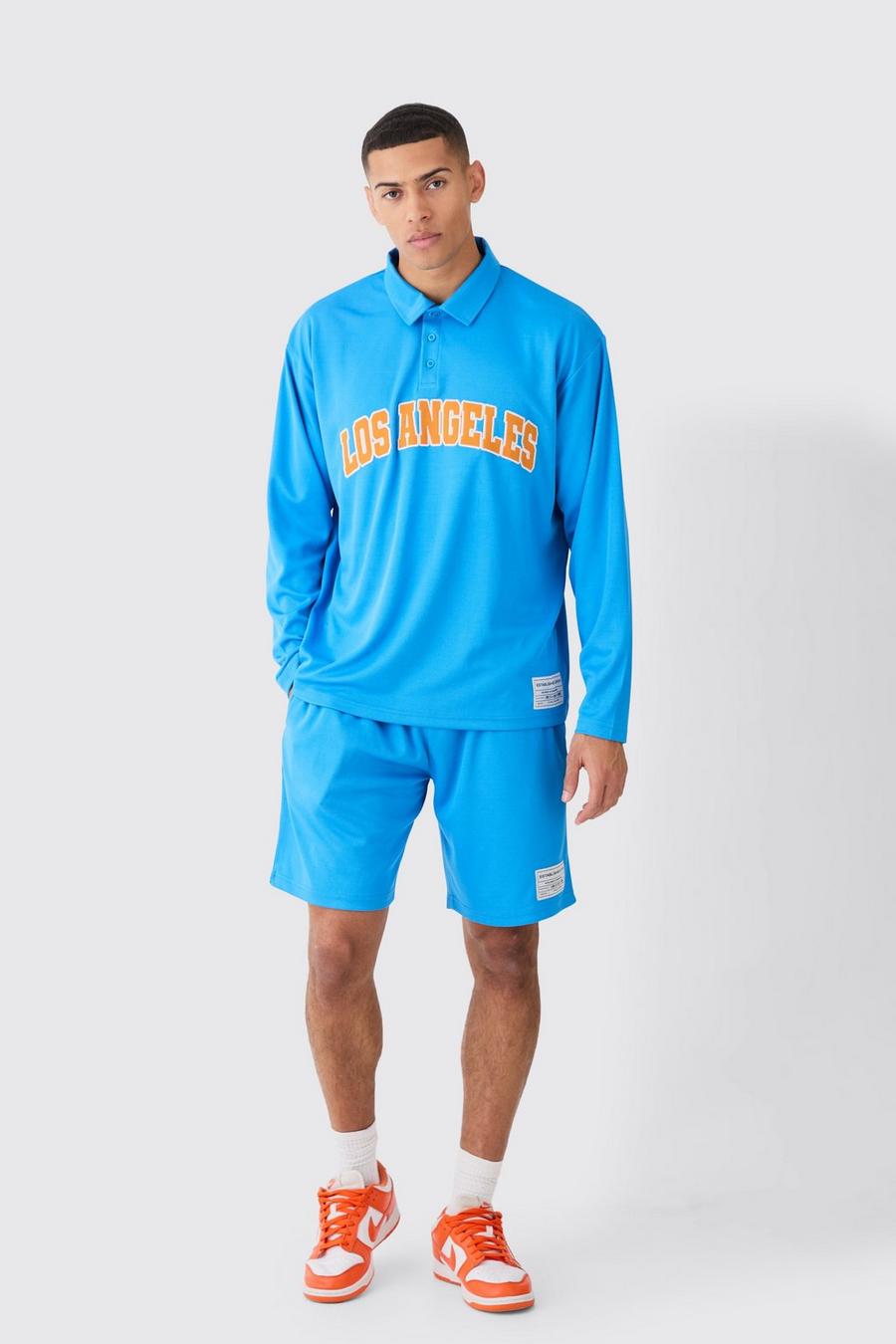 Oversize Los Angeles Rugby Mesh-Poloshirt & Mesh-Shorts, Blue
