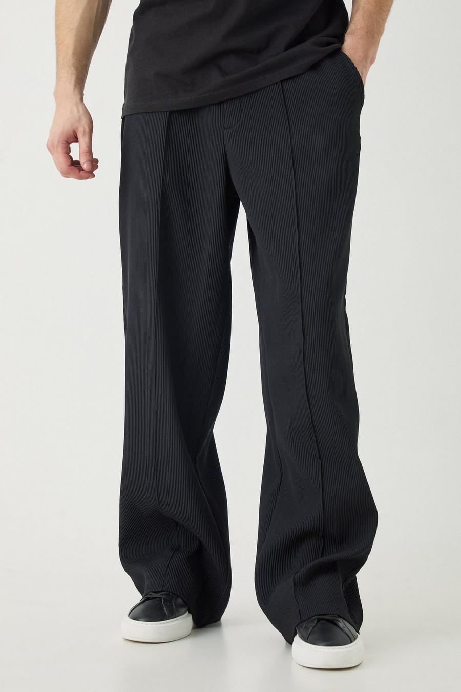 Pantaloni Tall a gamba ampia elasticizzati in vita con pieghe e cuciture, Black