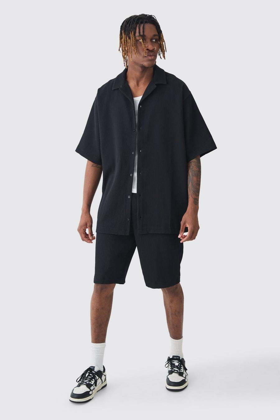 Black Tall Oversized Geplooid Overhemd Met Korte Mouwen En Shorts Set image number 1