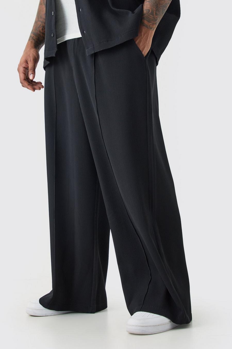 Pantaloni Plus Size a gamba ampia con vita elasticizzata, pieghe e cuciture, Black image number 1