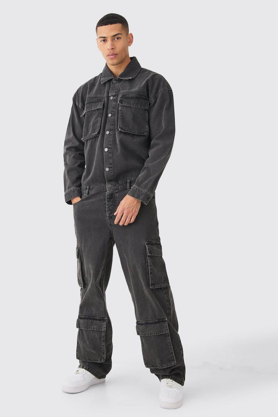 Combinaison oversize en jean à poches cargo, Charcoal image number 1