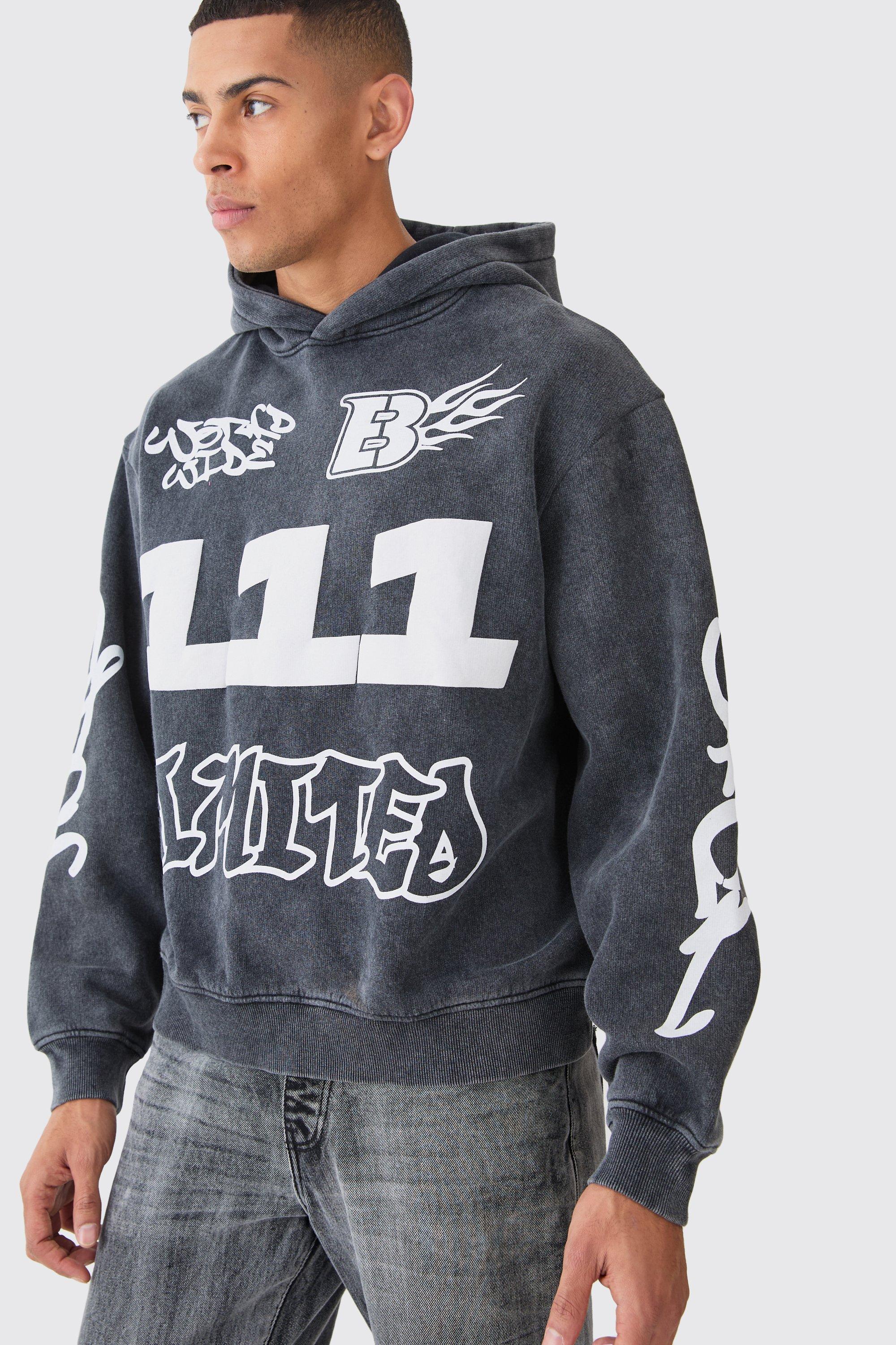 Oversized Boxy Puff Print Acid Wash Hoodie boohoo
