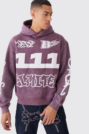 Oversized Boxy Puff Print Acid Wash Hoodie brown