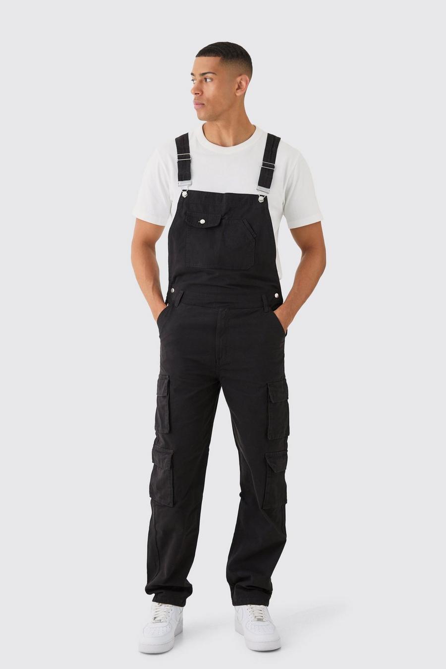 Black Washed Twill Multi Cargo Pocket Relaxed Fit Dungarees image number 1