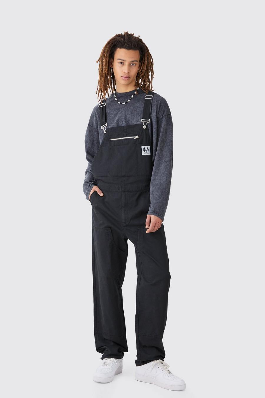 Black Washed Twill Branded Zip Carpenter Relaxed Fit Dungarees image number 1