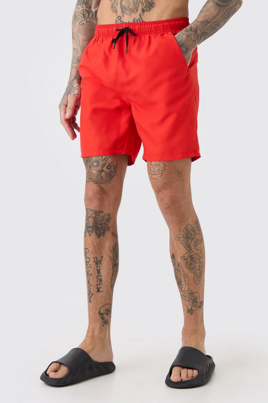 Red Tall Plain Mid Length Swim Short image number 1