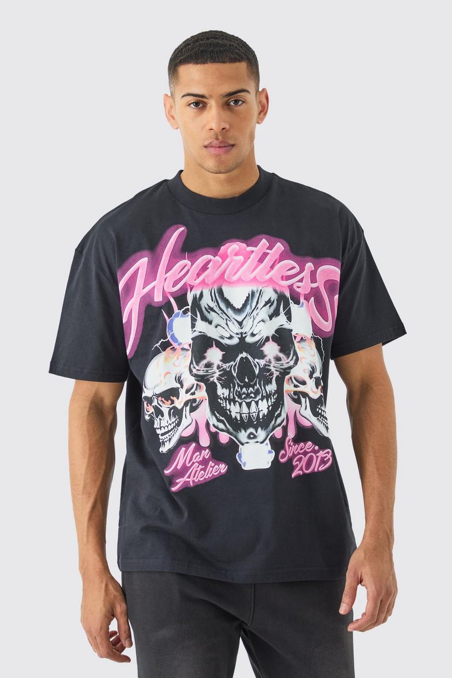 Camiseta oversize gruesa con estampado gráfico Heartless de calavera, Black image number 1