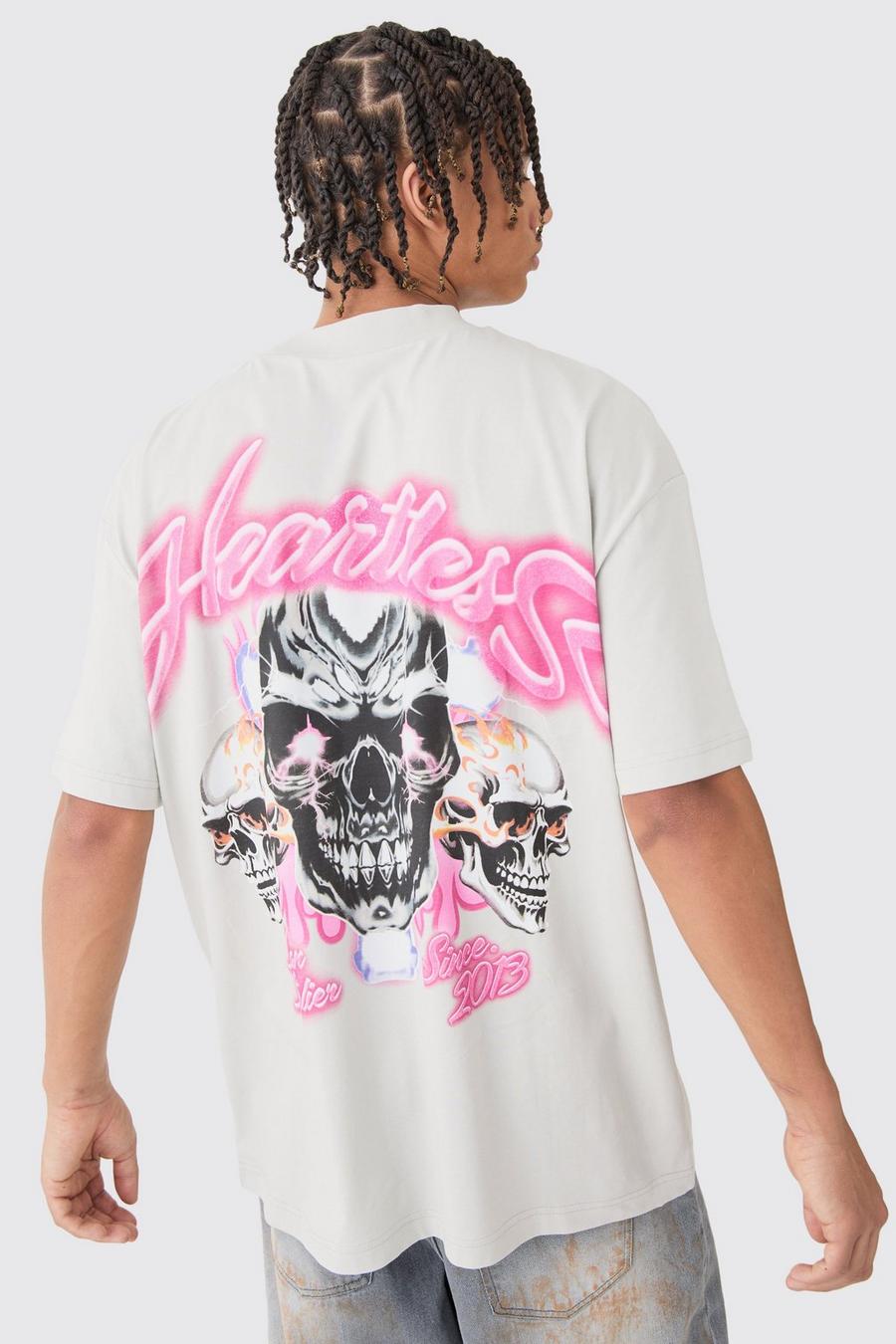 Camiseta oversize gruesa con estampado gráfico Heartless de calavera, Light grey image number 1