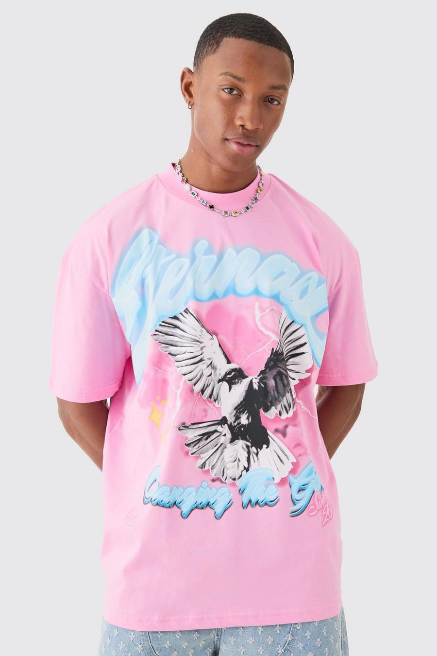 Camiseta oversize gruesa con estampado gráfico de paloma Eternal, Pink image number 1