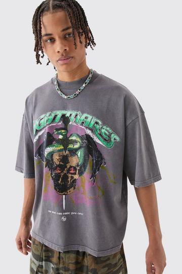 Oversized Boxy Acid Wash Rhinestone Heavyweight T-shirt charcoal