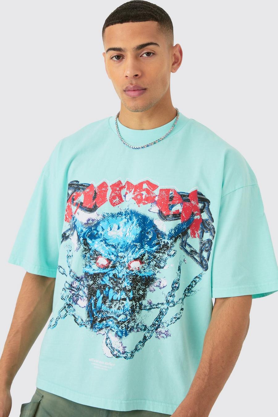 T-shirt squadrata oversize pesante in lavaggio acido, Blue image number 1