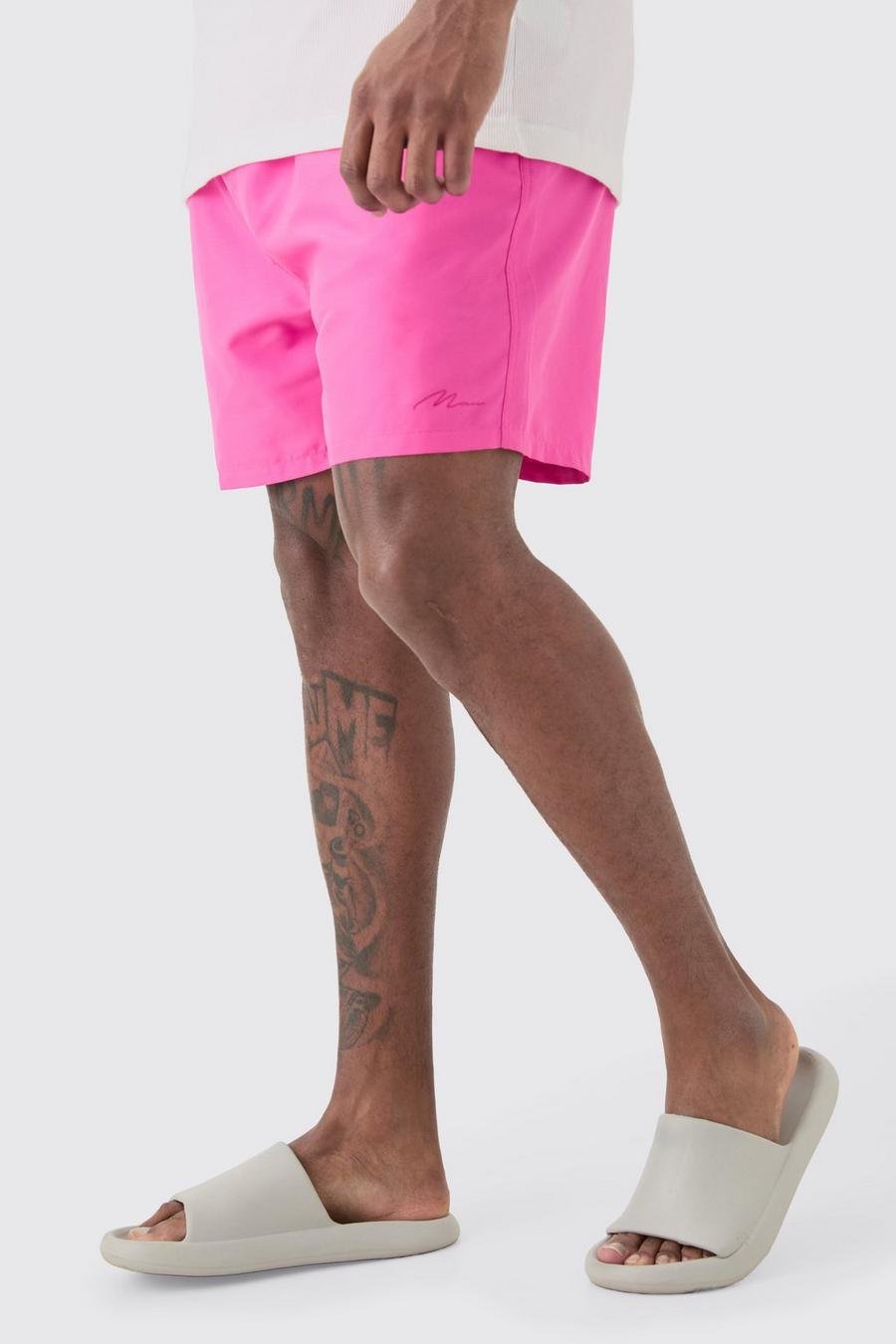 Plus mittellange Man Signature Badehose, Neon-pink