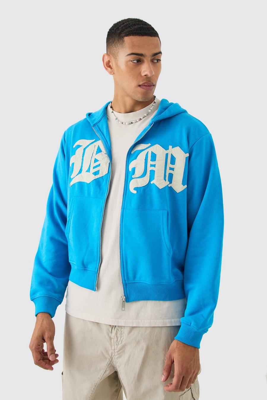 Blue Boxy Zip Through Distressed Applique Hoodie image number 1