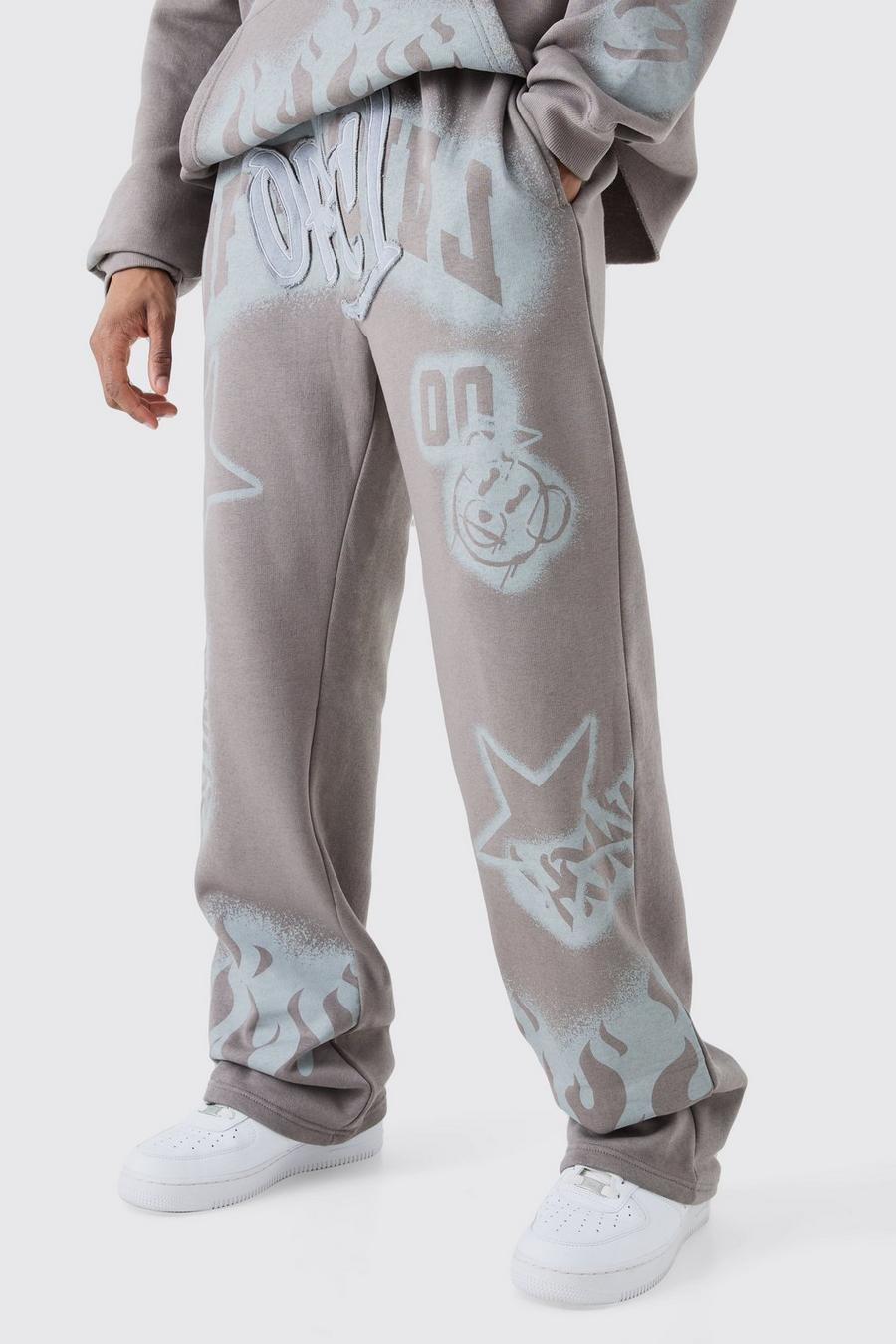 Pantaloni tuta Tall rilassati con applique stile Graffiti, Mid grey