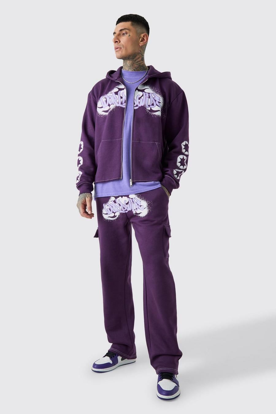 Purple Tall Boxy Worldwide Graffiti Cargo Tracksuit image number 1