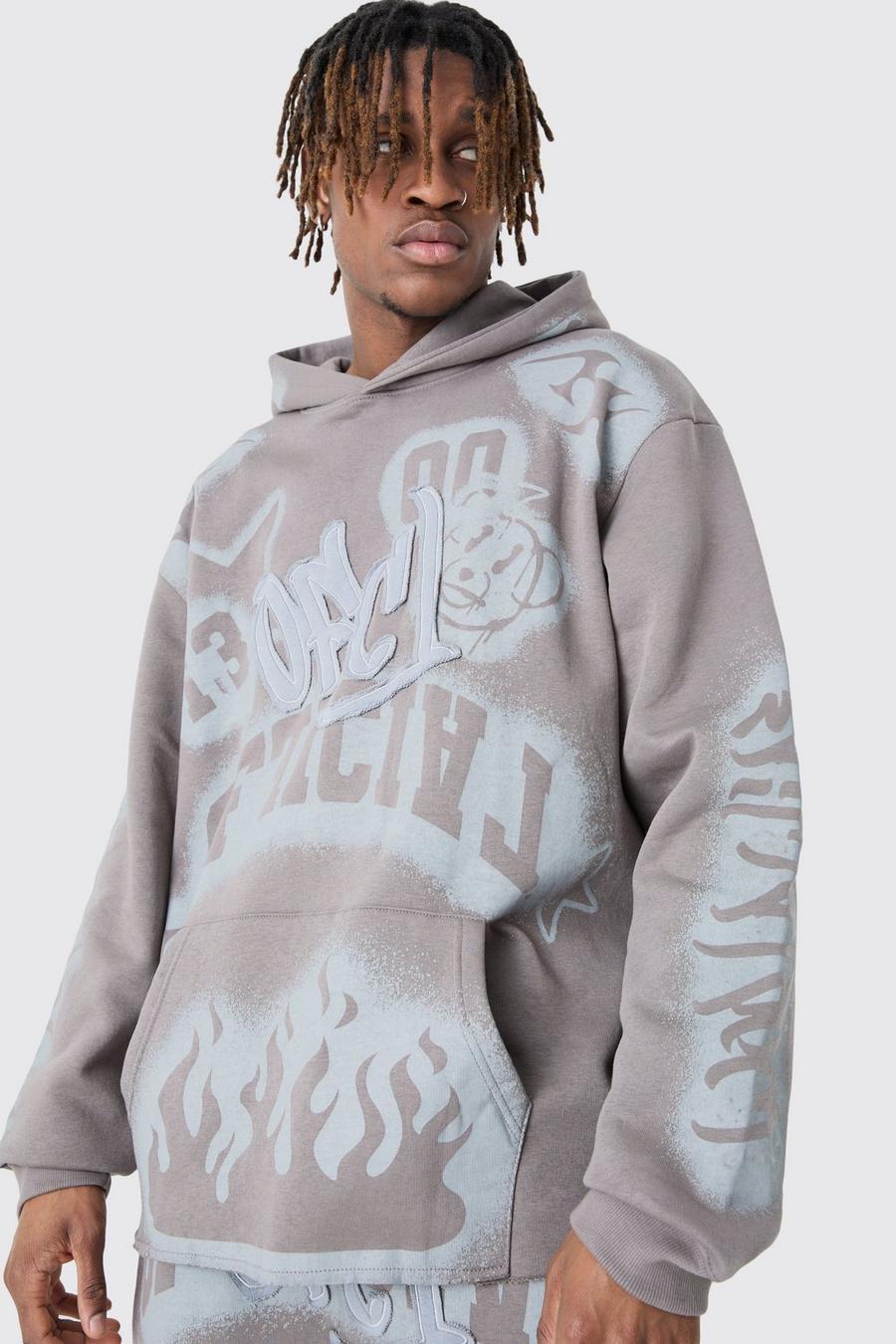 Mid grey Tall Oversize hoodie med graffititryck image number 1