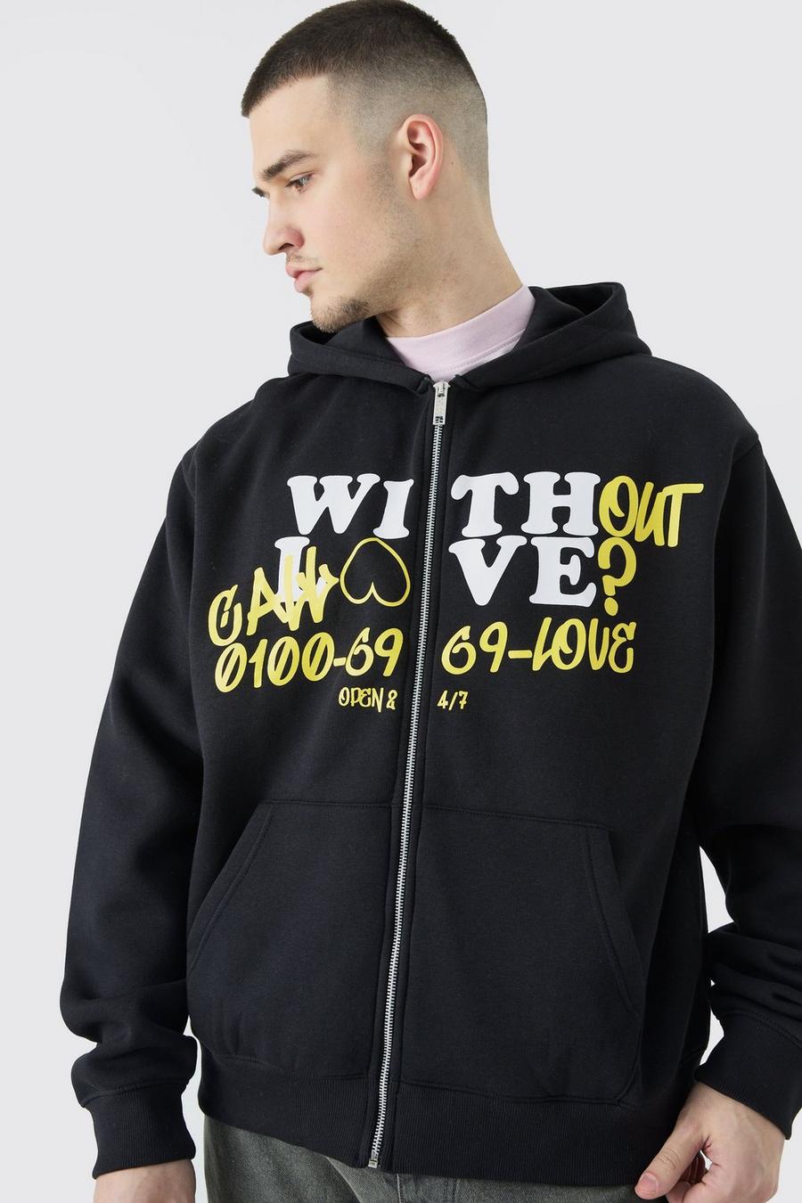 Black Tall Boxy Without Love Print Zip Hoodie