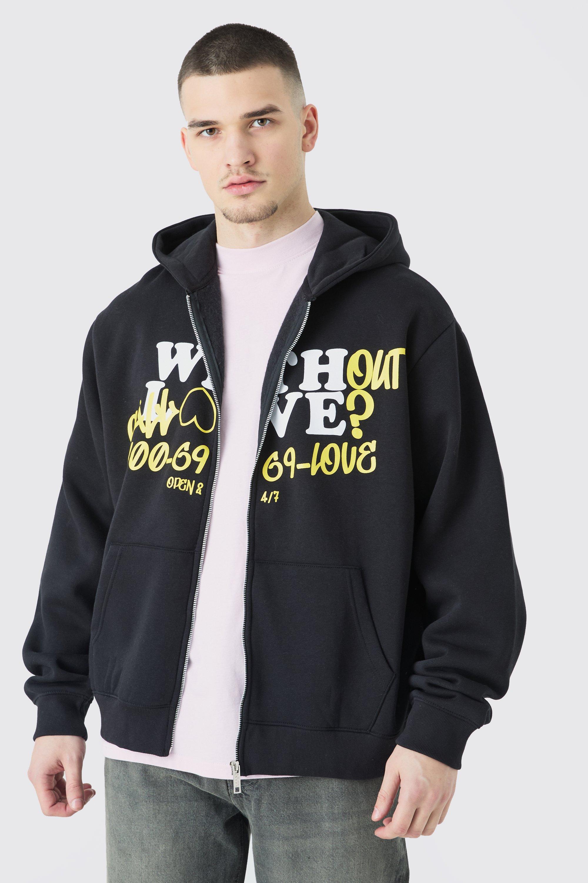 Tall Boxy Without Love Print Zip Hoodie