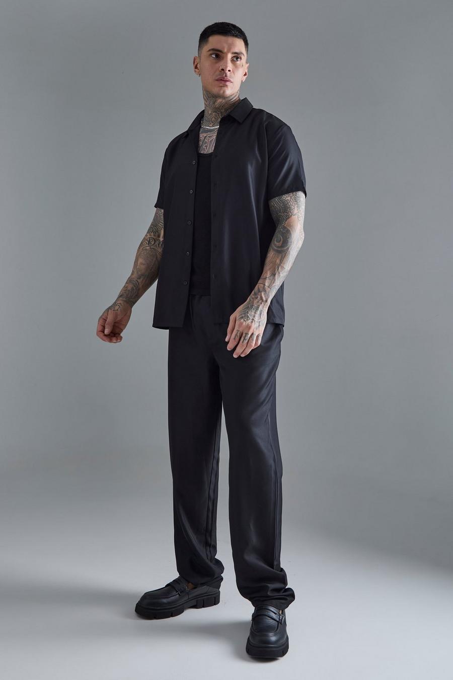 Black Tall Zacht Net Keperstof Overhemd Met Korte Mouwen En Broek image number 1