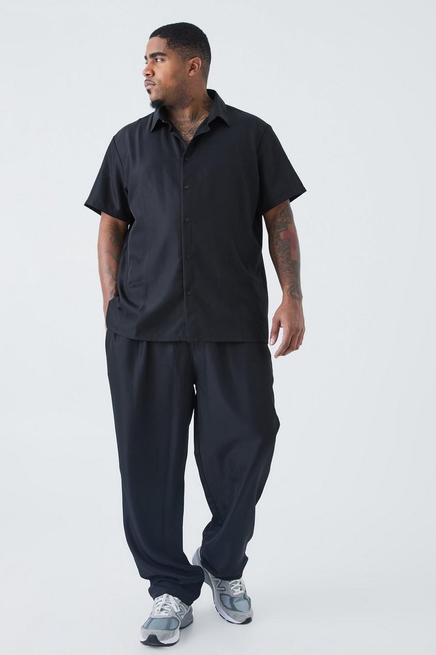Pantalón Plus de sarga suave y camisa elegante de manga corta, Black image number 1