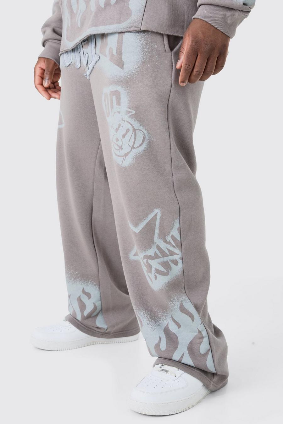 Pantalón deportivo Plus holgado con aplique de grafiti, Mid grey