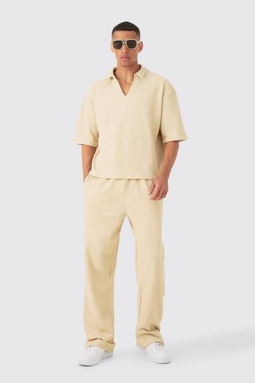 Oversized Boxy Half Sleeve V Neck Polo And Pants Set stone