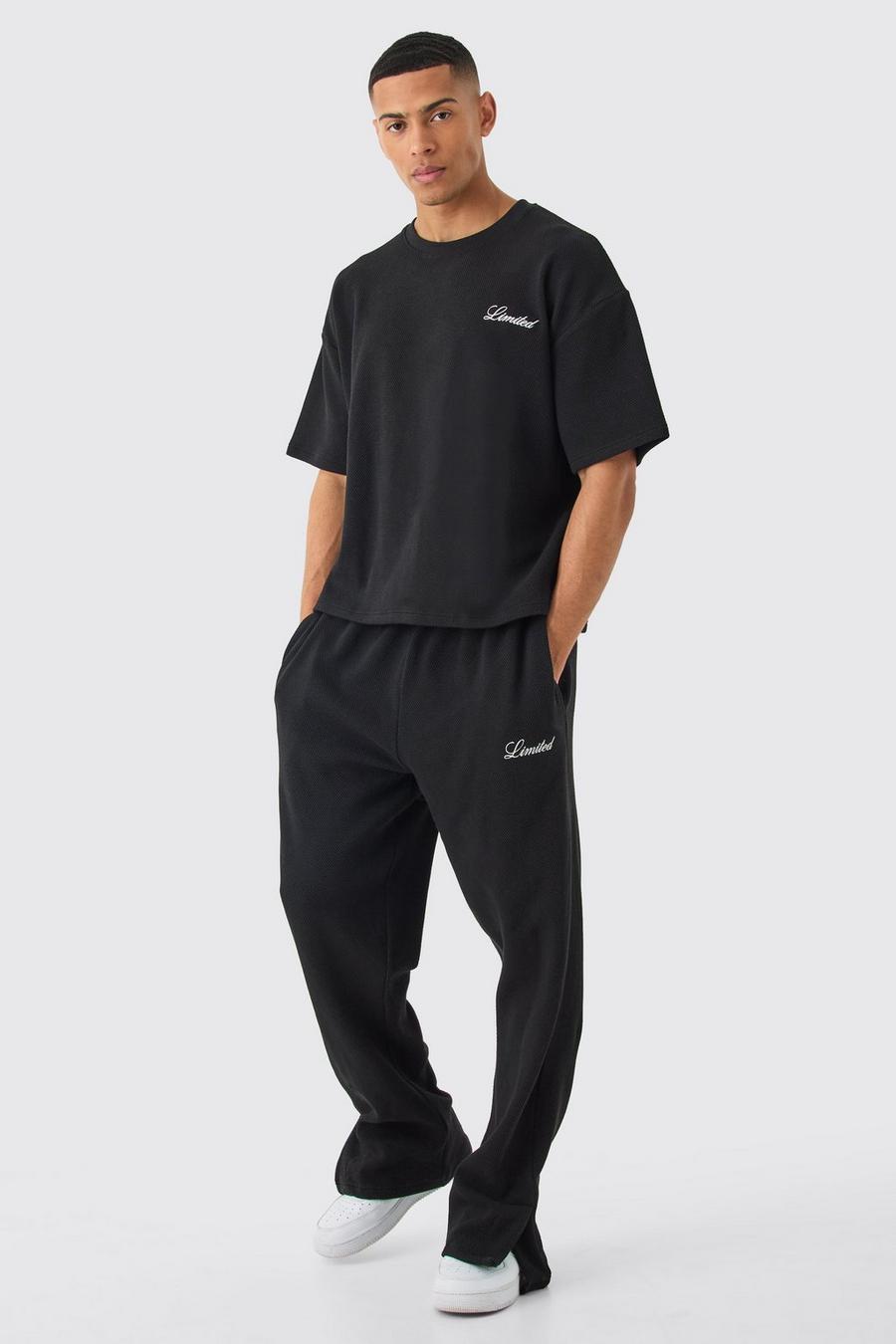 Black Oversized Boxy Embroided T-shirt And Trouser Set image number 1