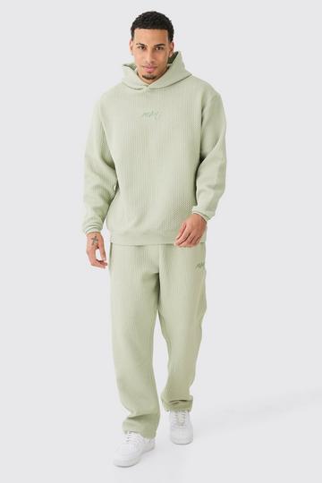 Quilted Herringbone Oversized Man Embroidered Hooded Tracksuit sage