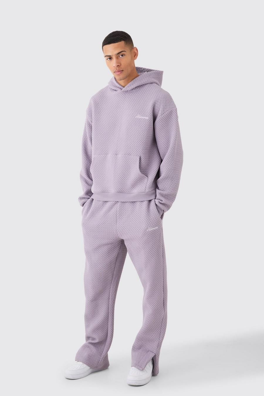 Mauve Oversized Boxy Jacquard Quilted Embroided Hooded Tracksuit image number 1
